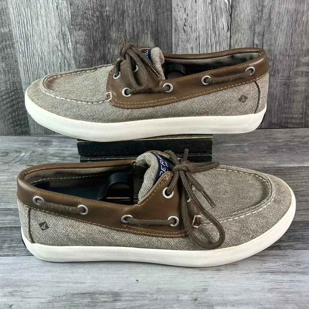 Sperry Top-Sider Tuck Kids Boat Shoes Tan Canvas Brown Trim Memory Foam Size 3M
